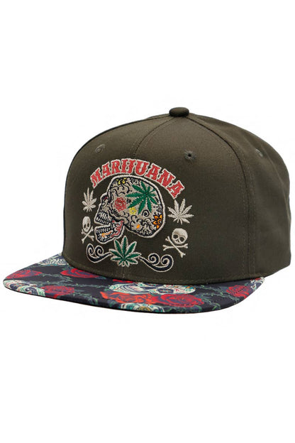 Marijuana Sugar Skull Rose Print Cotton Snapback: Black