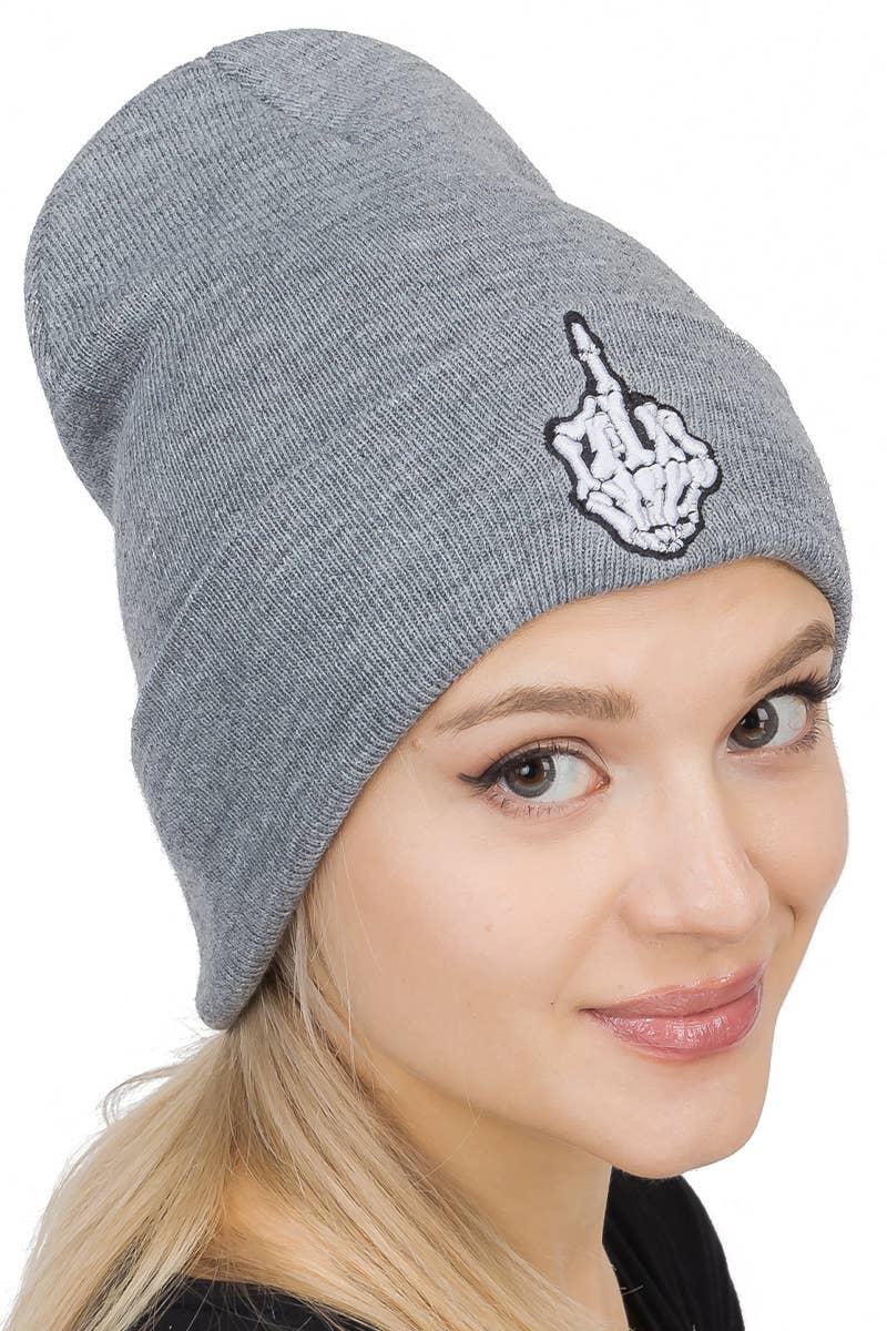Middle Finger Up Skeleton Cuffed Classic Beanie: Black/White