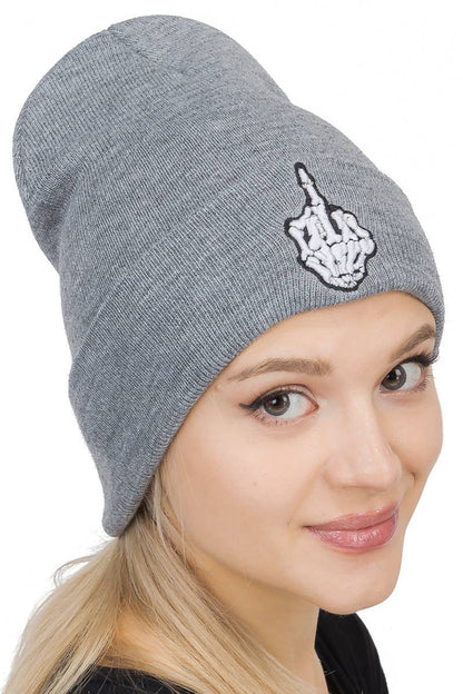 Middle Finger Up Skeleton Cuffed Classic Beanie: Black/White