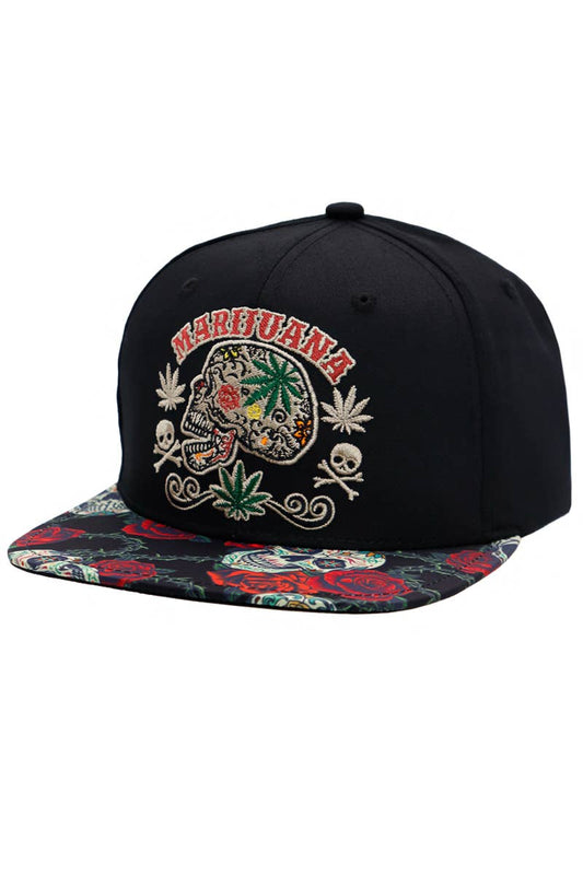 Marijuana Sugar Skull Rose Print Cotton Snapback: Black