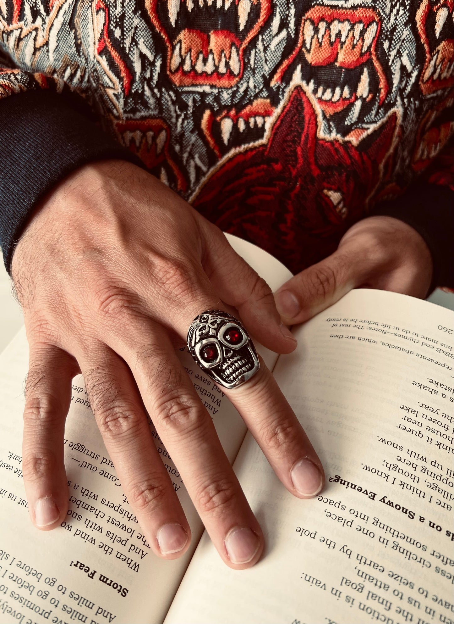 Detailed Skull With Red CZ Eyes Stainless Steel Polished Unisex Ring