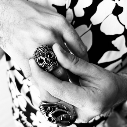 Black CZ Eyed Detailed Skull Stainless Steel Ring