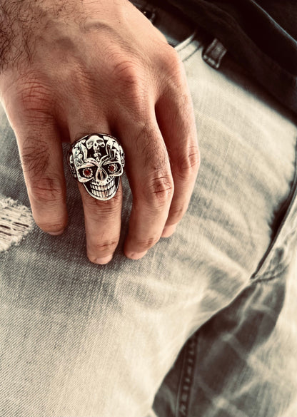 Stainless Steel Red CZ Eyed Sugar Skull Unisex Ring
