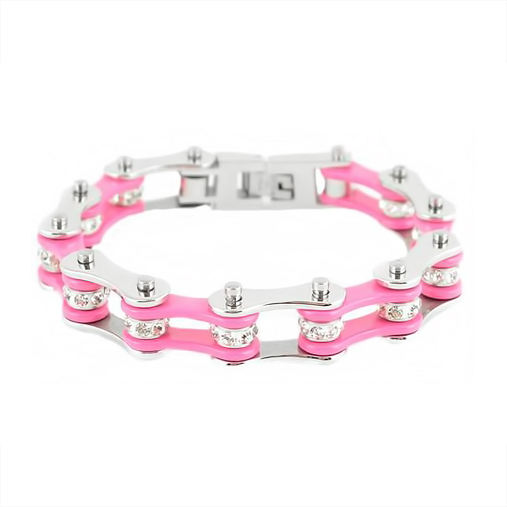 SK1118 Wide Two Tone Silver Pink With White Crystal Rollers