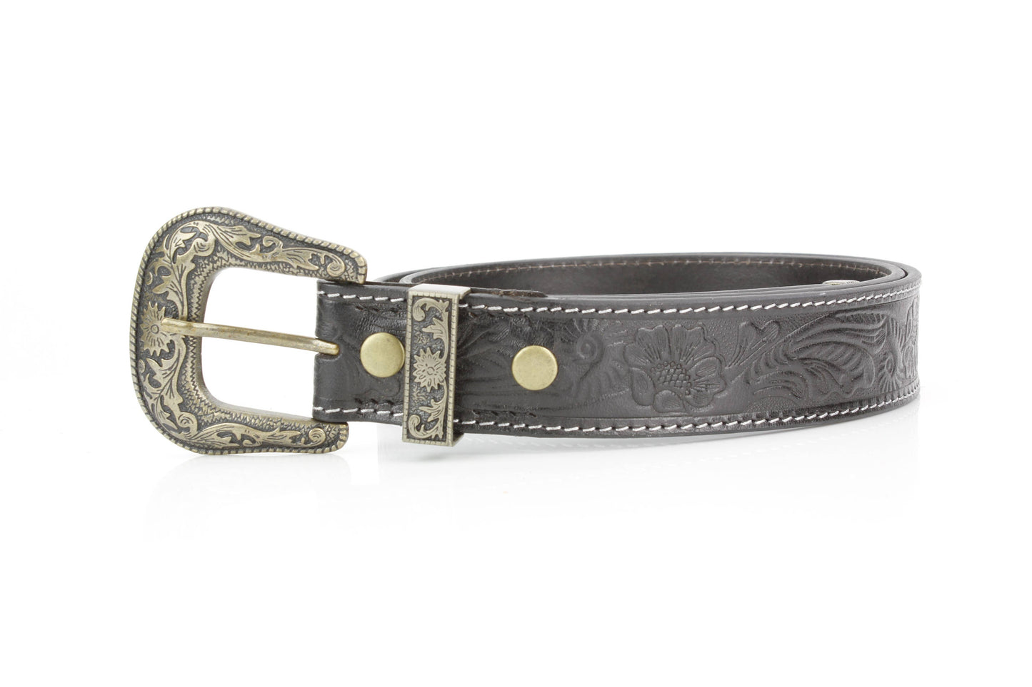 Black Tooled Leather Belt with Floral Filigree ABB 14-2630