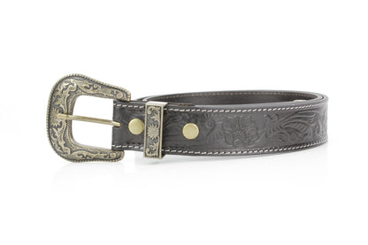 Black Tooled Leather Belt with Floral Filigree ABB 14-2630