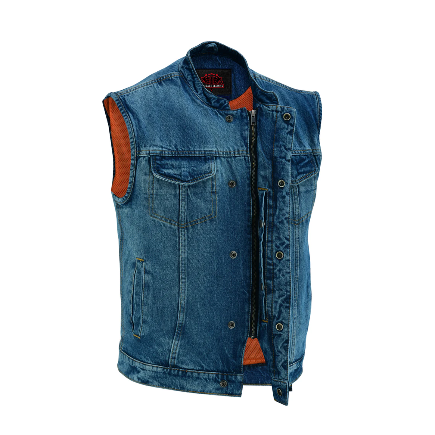 Men's Blue Denim Motorcycle Vest with Lace & Pockets