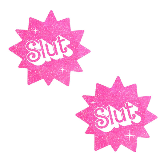 Barbie Babe Sassy Slut UV Pink Glitter Nipple Cover Pasties: Pink / O/S