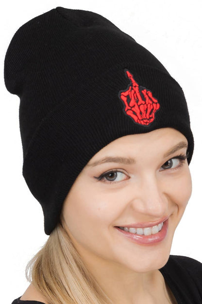 Middle Finger Up Skeleton Cuffed Classic Beanie: Black/White