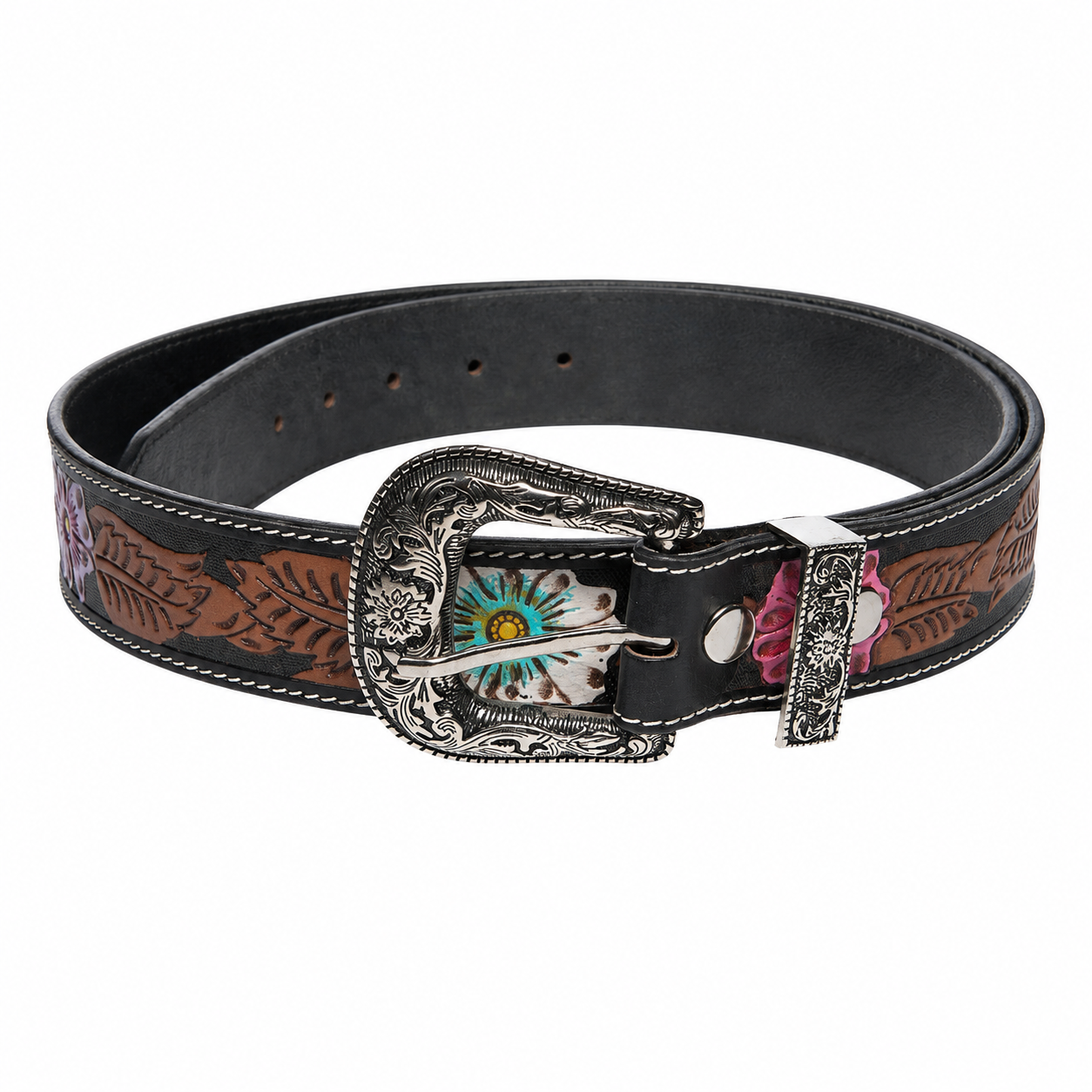 Tooled Leather Belt Turquoise Accent ABB 18 26104