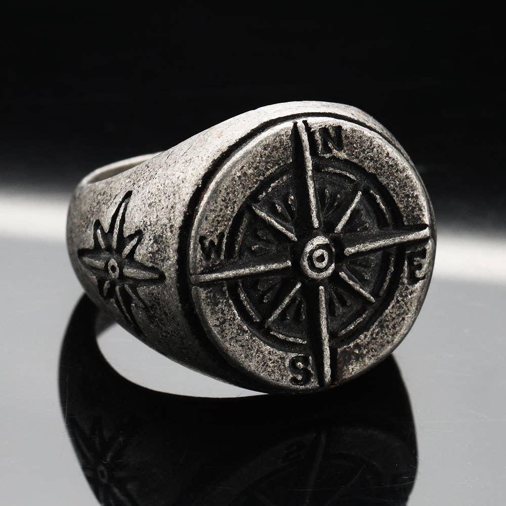 Vintage Round Compass Men's Titanium Steel Ring: Yellow Gold / 8