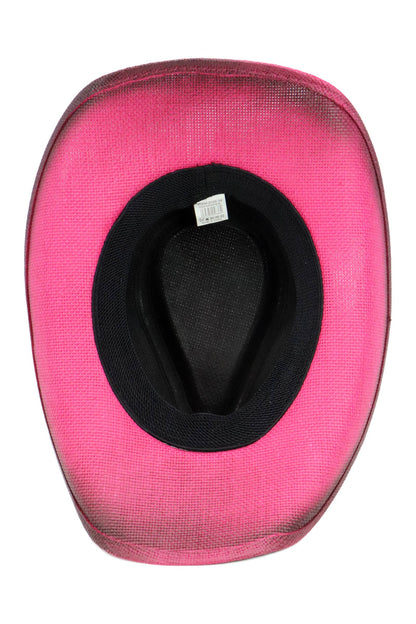 Heart Bling Rhinestone Belt Ombre Straw Cowboy Hat: Hot Pink