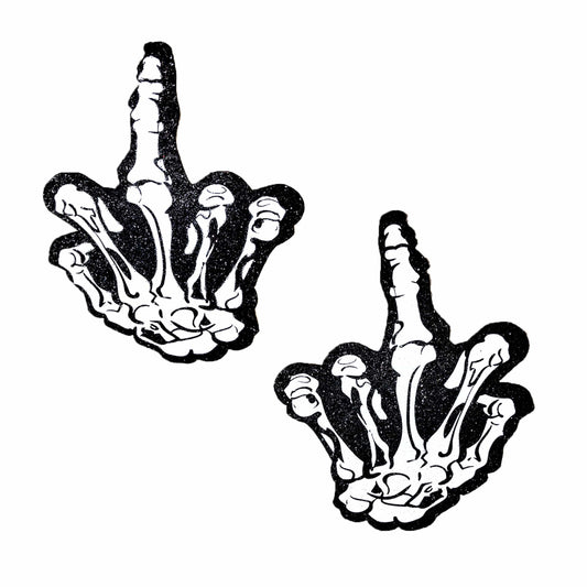Fuck You Hand Black Glitter Blacklight Nipple Cover Pasties: Black / O/S