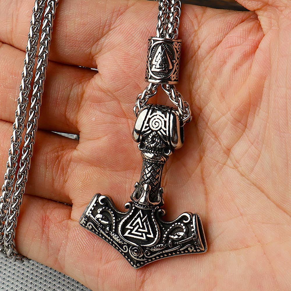 Viking Vintage Stainless Steel Thor's Hammer Necklace: Silver