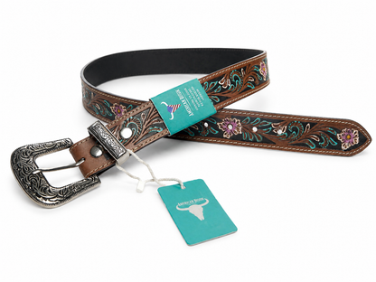 Filigree Leather Belt with Floral Turquoise ABB 18 26110