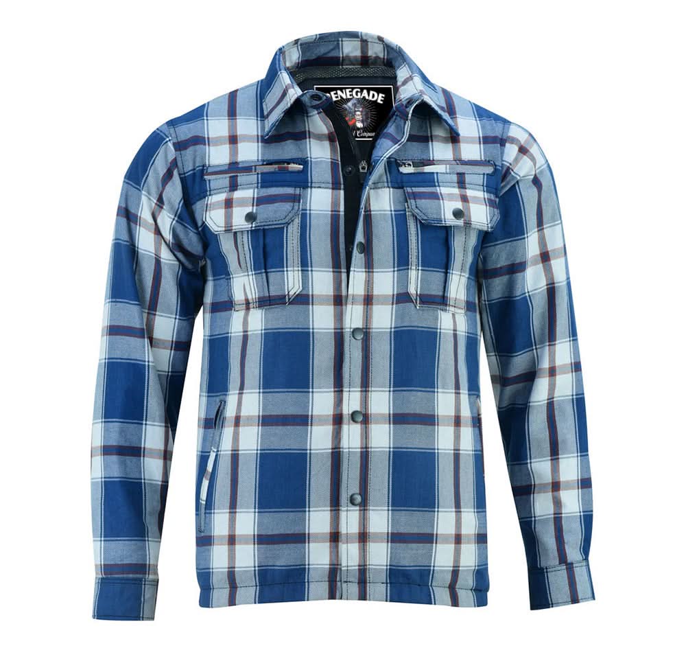 Alpha Check Men's  Armored Motorcycle Flannel Shirt - Blue/White/Maroon