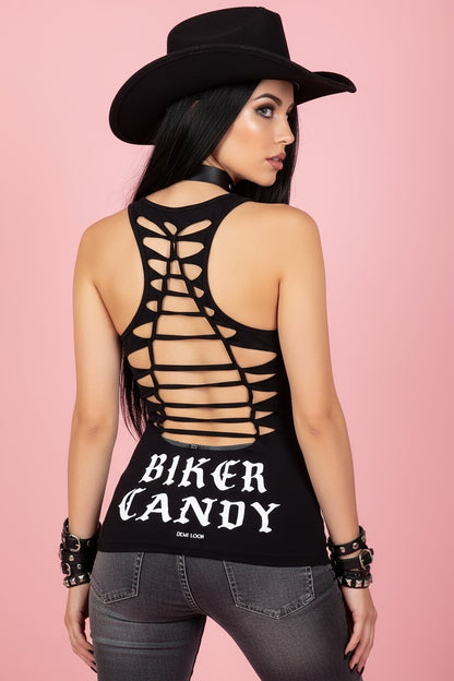 Biker Candy Graphic Back Racerback Sexy Slashed Biker Festival Tank