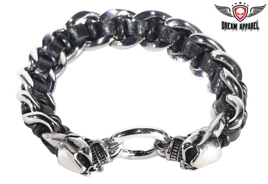 Stainless Steel Motorcycle Bracelet with Skulls & Leather Lace