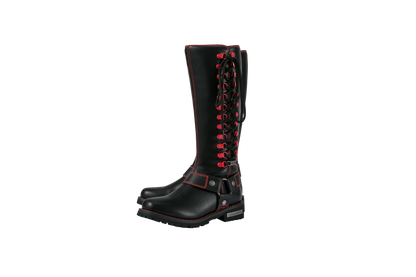 Dream Apparel Women Biker Black Long Boots with Red Laces