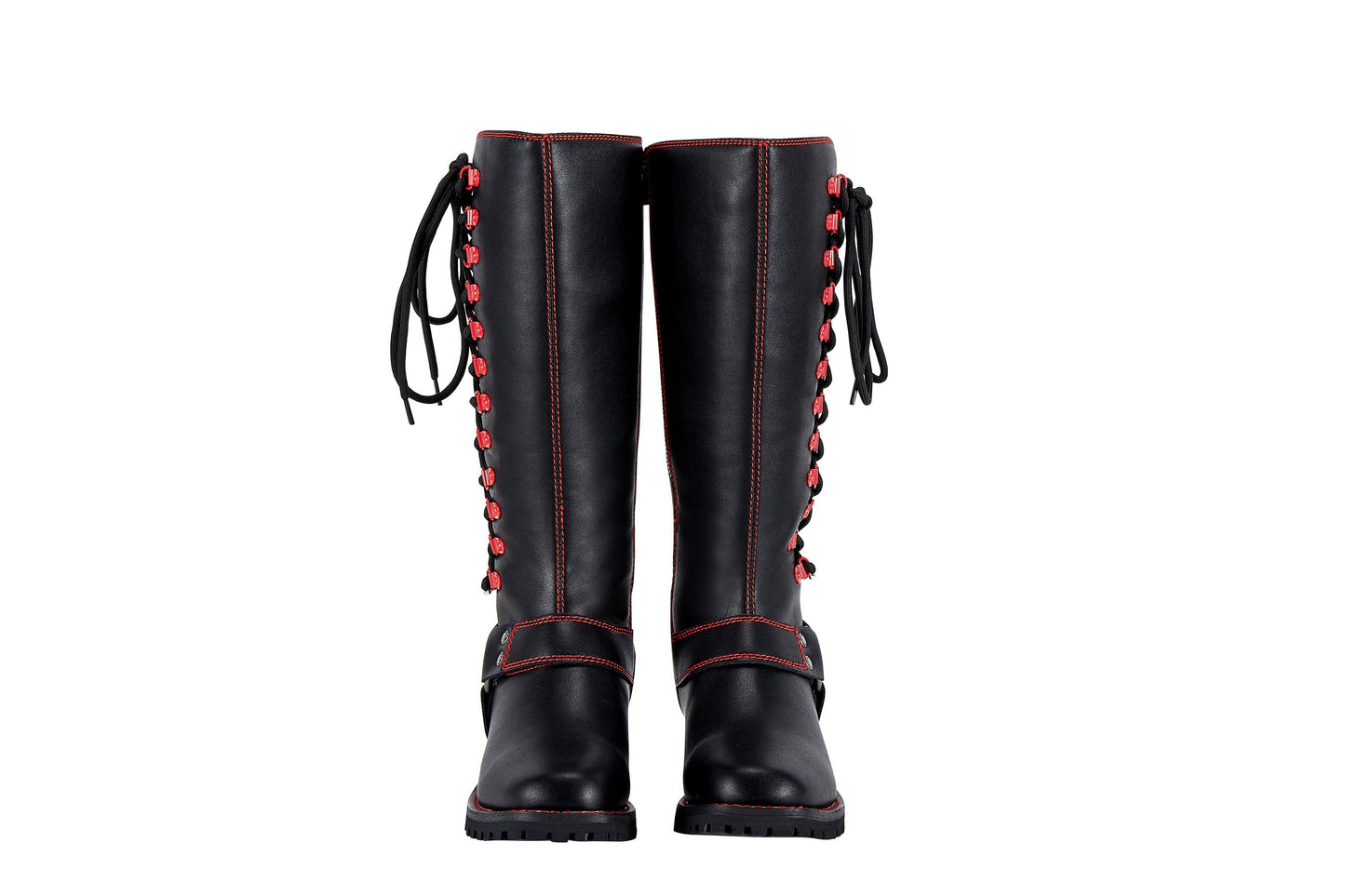 Dream Apparel Women Biker Black Long Boots with Red Laces