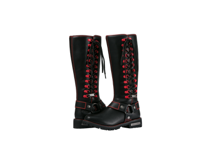 Dream Apparel Women Biker Black Long Boots with Red Laces