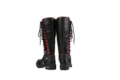 Dream Apparel Women Biker Black Long Boots with Red Laces