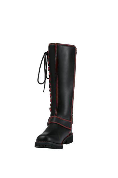 Dream Apparel Women Biker Black Long Boots with Red Laces