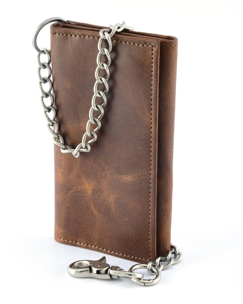 BWC234 BROWN LONG TRI-FOLD BIKER LEATHER CHAIN WALLET - view 3