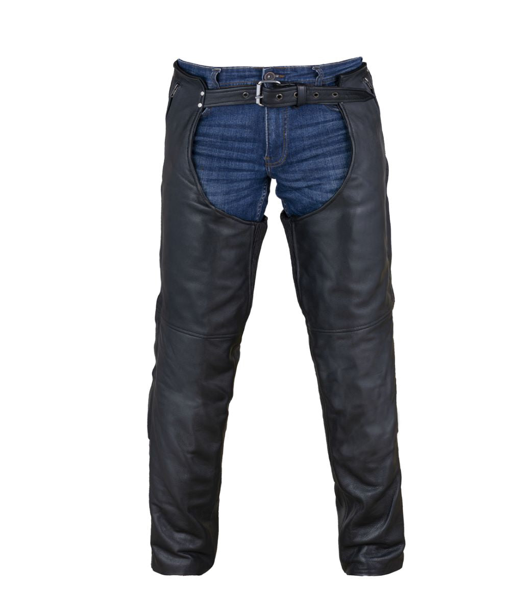 Dream Apparel Black 100% Genuine Leather Motorcycle Chaps Zip-Out Liner, 4 Pockets Biker Pants