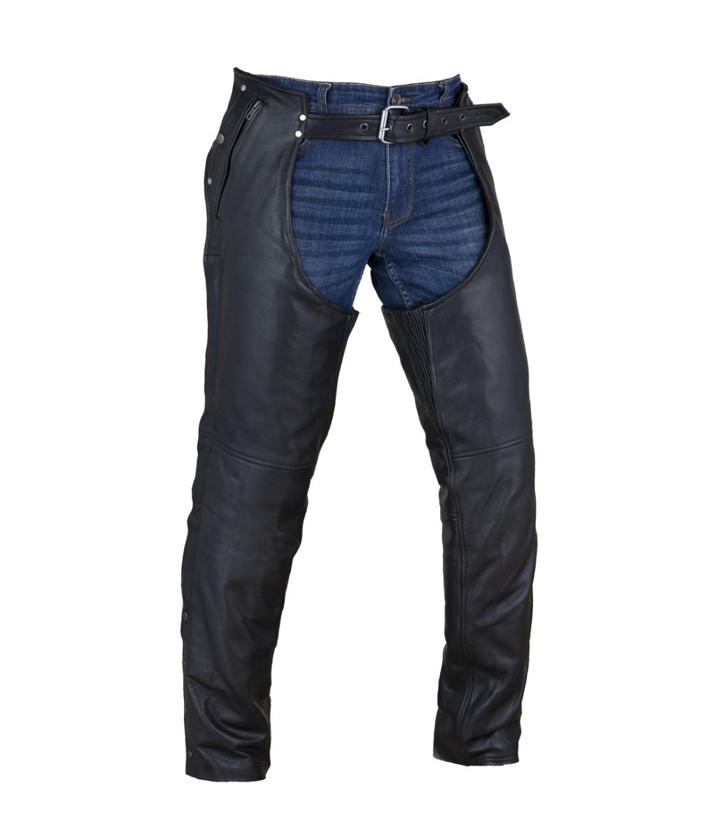 Dream Apparel Black 100% Genuine Leather Motorcycle Chaps Zip-Out Liner, 4 Pockets Biker Pants