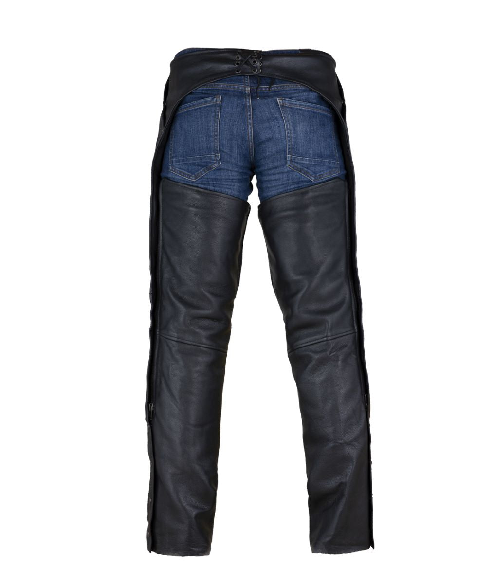 Dream Apparel Black 100% Genuine Leather Motorcycle Chaps Zip-Out Liner, 4 Pockets Biker Pants
