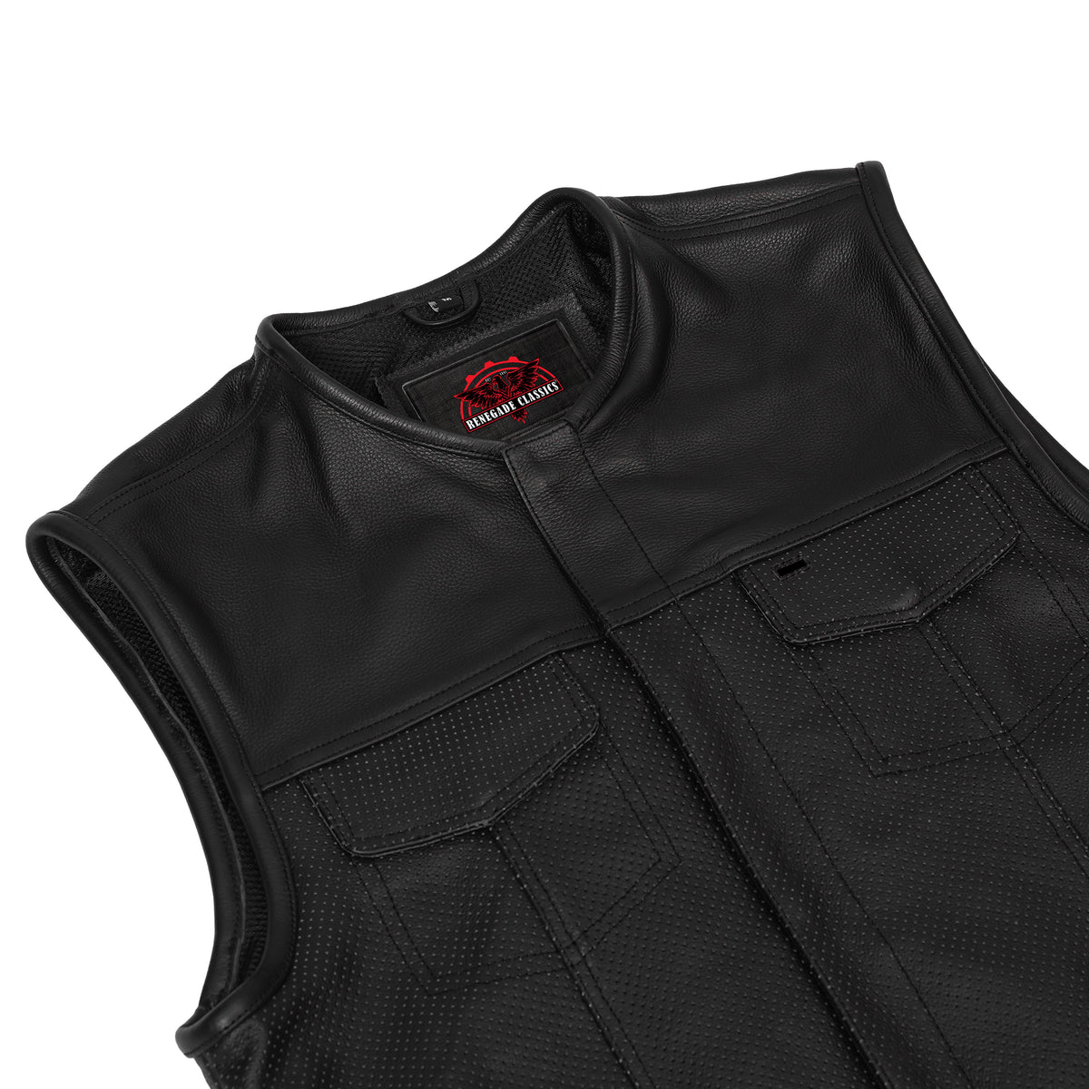 Men's Collarless Perforated Leather Vest - Black - view 6