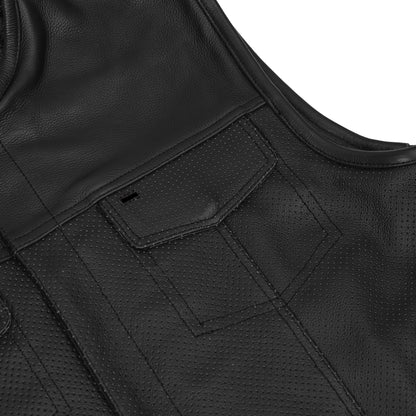 Men's Collarless Perforated Leather Vest - Black - view 7