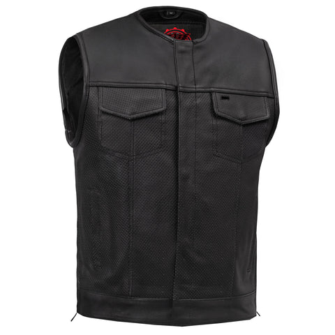 Men's Collarless Perforated Leather Vest - Black