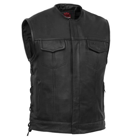 Men's Combat Black motorcycle Leather Vest - Gun Pockets & Side Laces