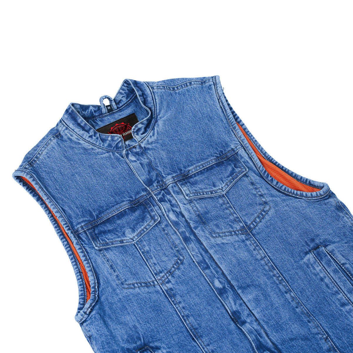 Men's Blue Denim Motorcycle Vest with Lace & Pockets - view 7