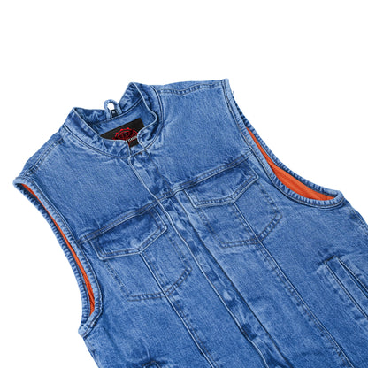 Men's Blue Denim Motorcycle Vest with Lace & Pockets - view 7