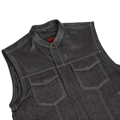 Men's Leather-Denim Combo Motorcycle Vest w/ Scoop Collar
