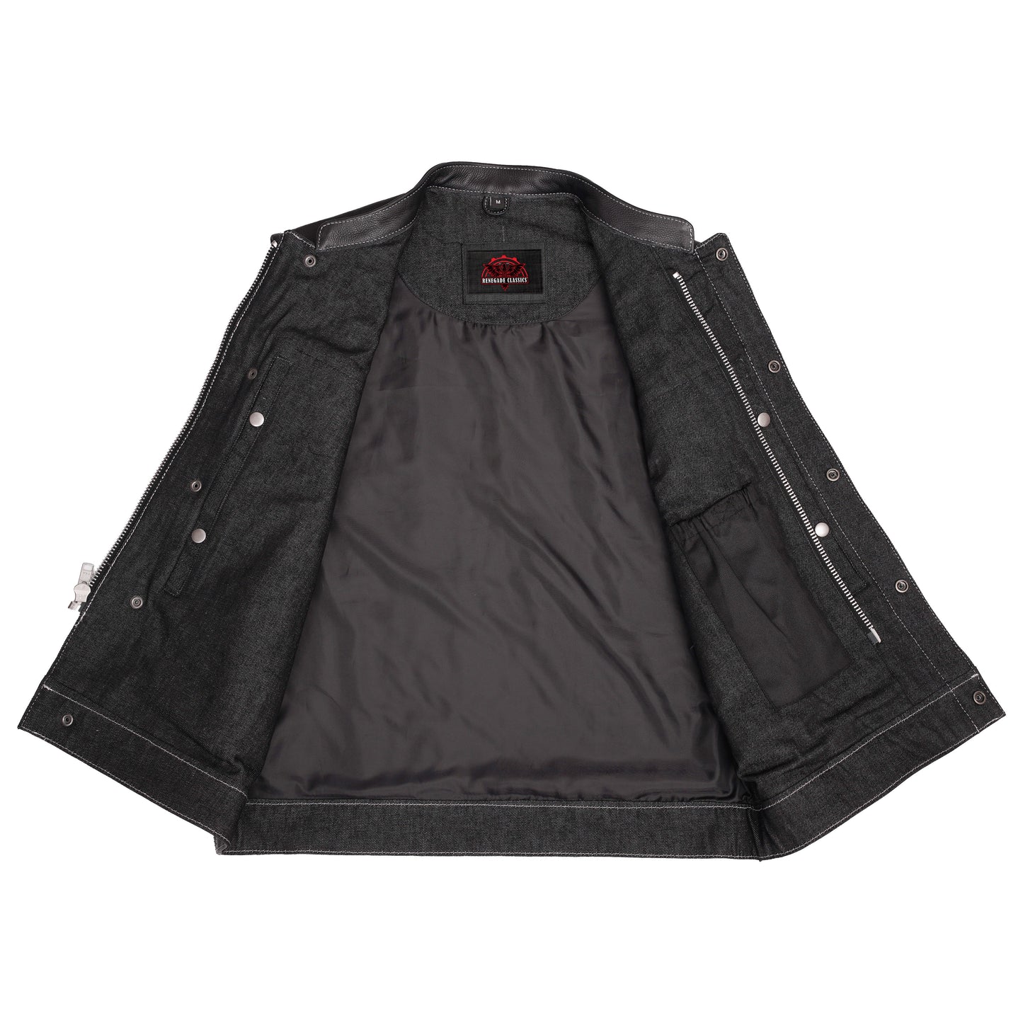 Men's Leather-Denim Combo Motorcycle Vest w/ Scoop Collar