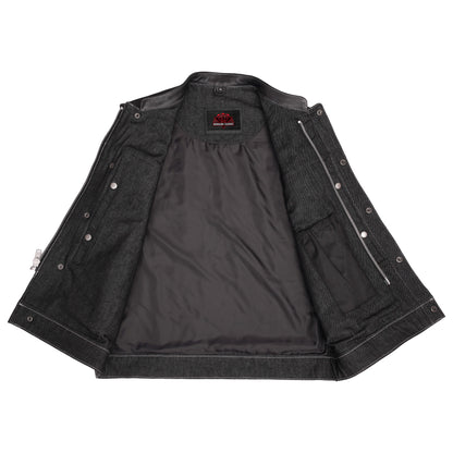 Men's Leather-Denim Combo Motorcycle Vest w/ Scoop Collar