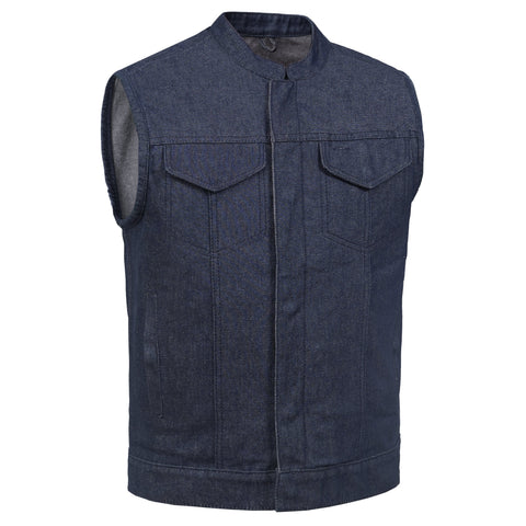 Men's Blue Rough Rub-Off Raw Finish Denim Vest