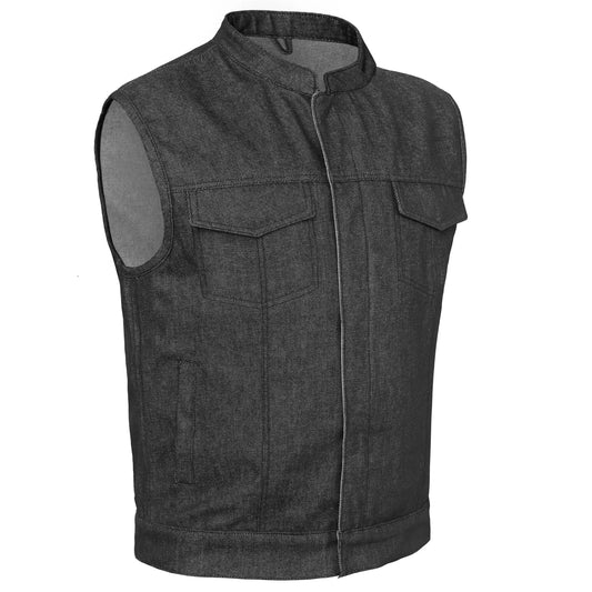 Men's Rough Rub-Off Raw Finish Motorcycle Denim Vest - Black
