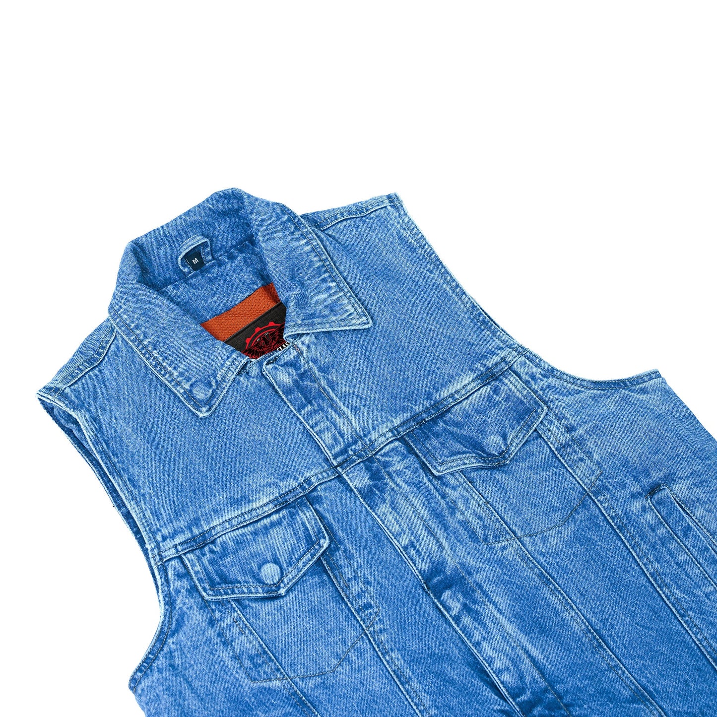 Blue Men's  denim motorcycle vest with Snap/Zipper Front