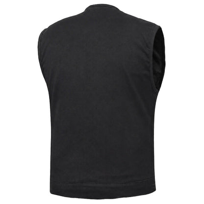 Mens Black Denim Motorcycle Vest with Concealed Snaps & Zipper