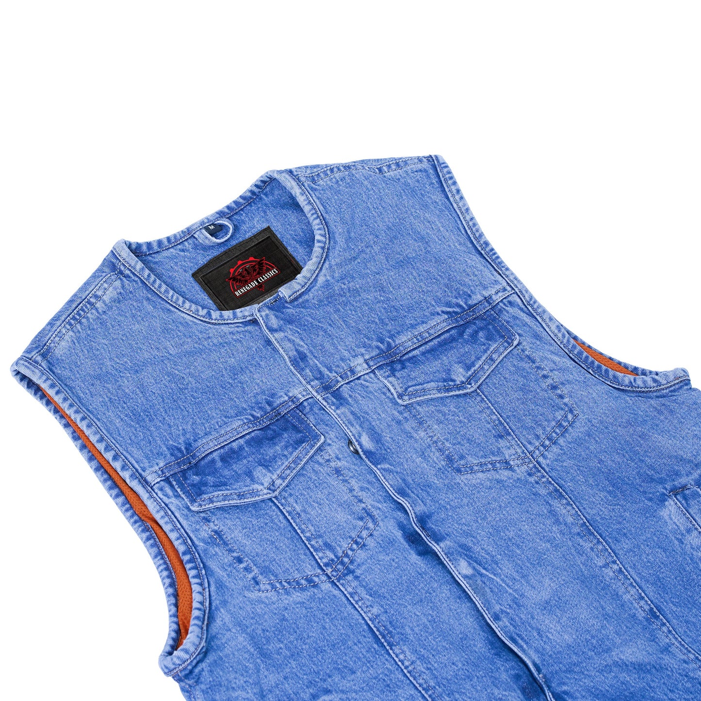 Mens Blue Denim Motorcycle Vest with Concealed Snaps & Zipper