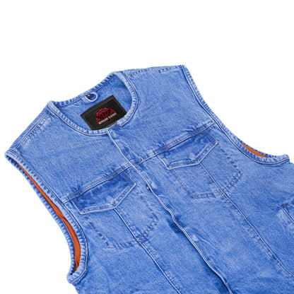 Mens Blue Denim Motorcycle Vest with Concealed Snaps & Zipper