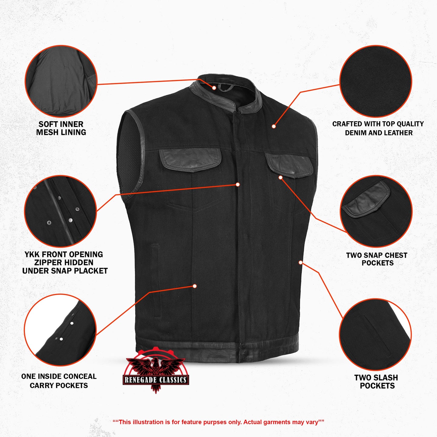 Men's Black Denim Single Panel Concealment Vest W/ Leather Trim
