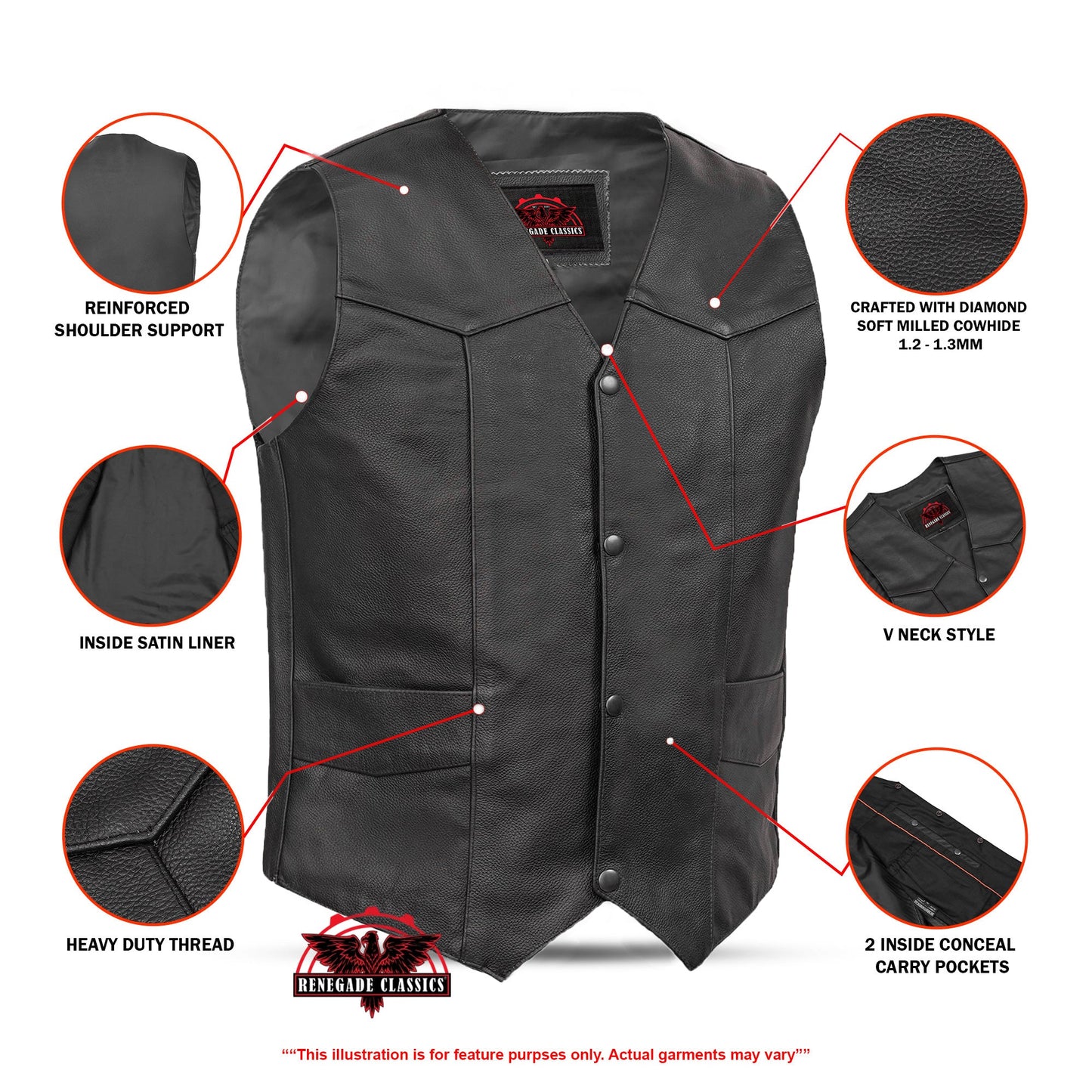 Men's Traditional Leather Motorcycle Vest - Black