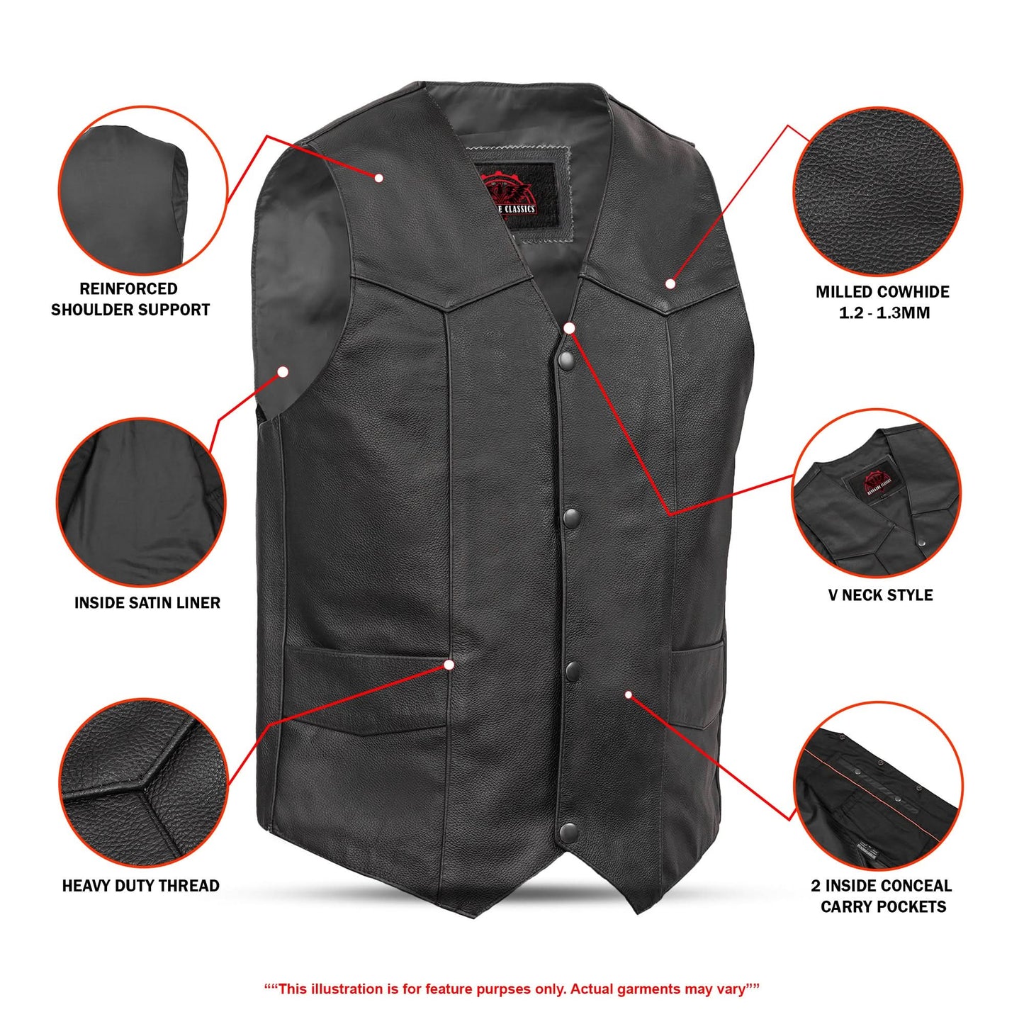 Men's Traditional Leather Motorcycle Vest - Black