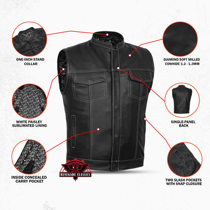 Men's Paisley Black Leather Motorcycle Vest with White Stitching